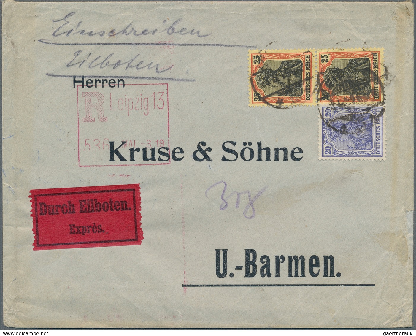 Deutsches Reich - Germania: 1919, 20 Pf Ultramatin In MiF Mit 25 Pf Im Senkr. Paar Auf Eilboten-Bf. - Sonstige & Ohne Zuordnung