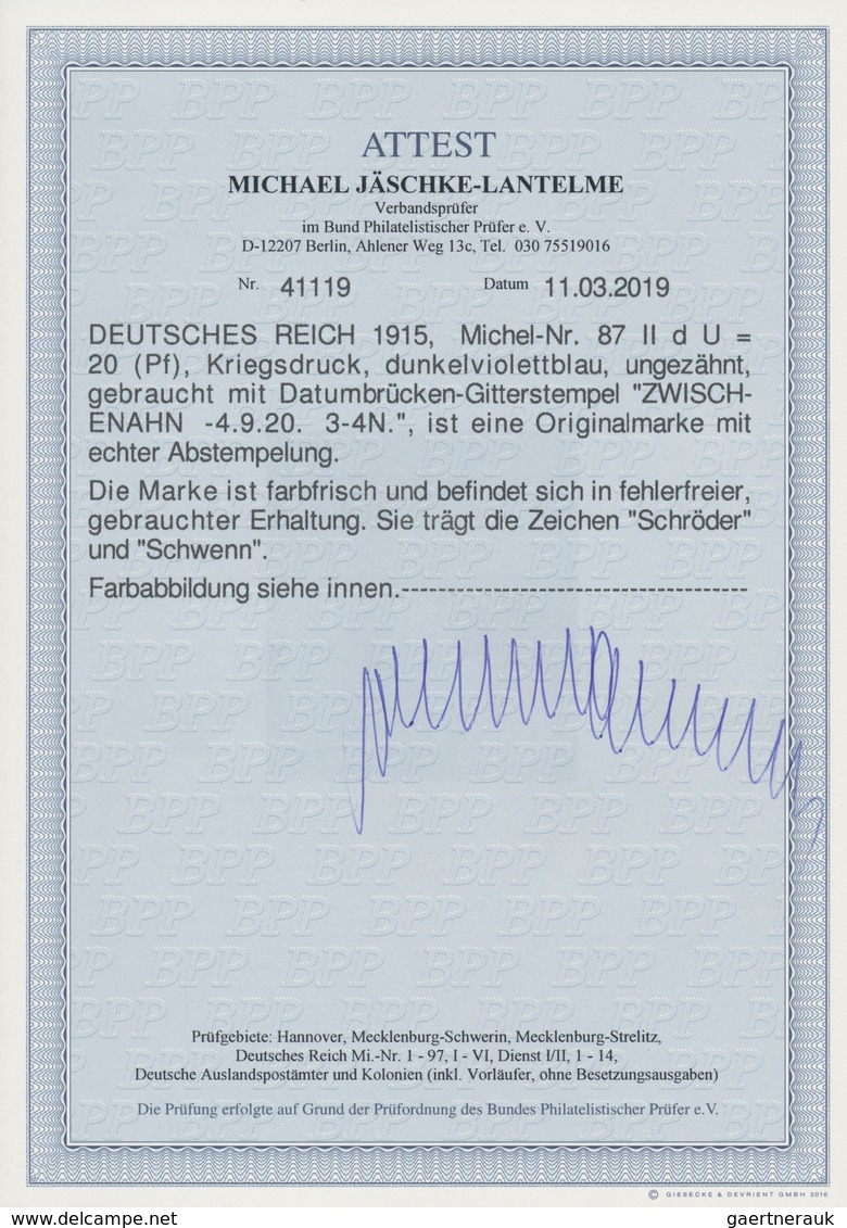 Deutsches Reich - Germania: 1915, 20 Pfg. Germania Dunkelviolettblau, Kriegsdruck, Farbfrisches UNGE - Sonstige & Ohne Zuordnung