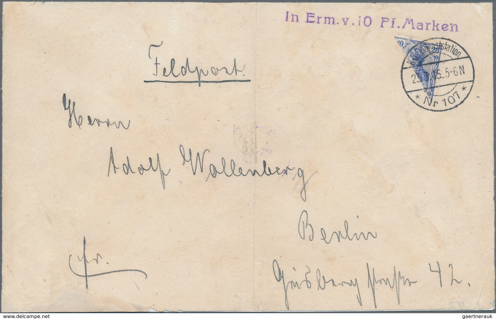Deutsches Reich - Germania: 1915, 20 Pf. Germania Halbiert Auf Brief, Aufgegeben Am 23.3.15 5-6N Bei - Other & Unclassified