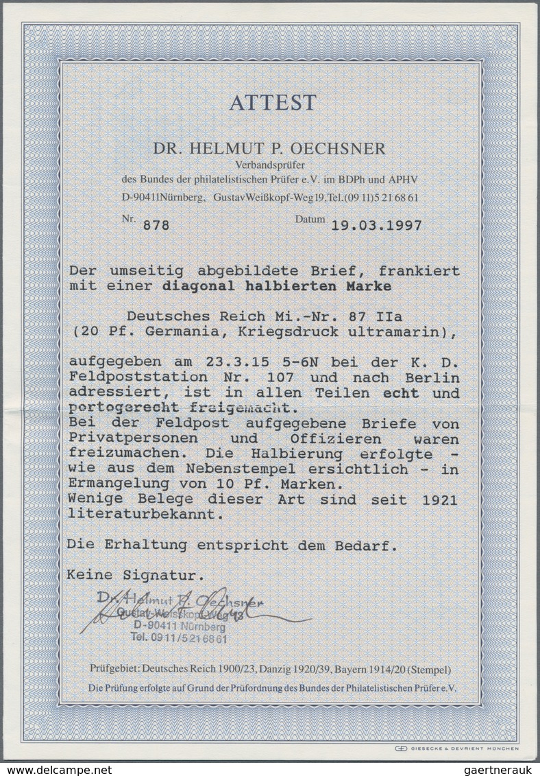 Deutsches Reich - Germania: 1915, 20 Pf. Germania Halbiert Auf Brief, Aufgegeben Am 23.3.15 5-6N Bei - Sonstige & Ohne Zuordnung
