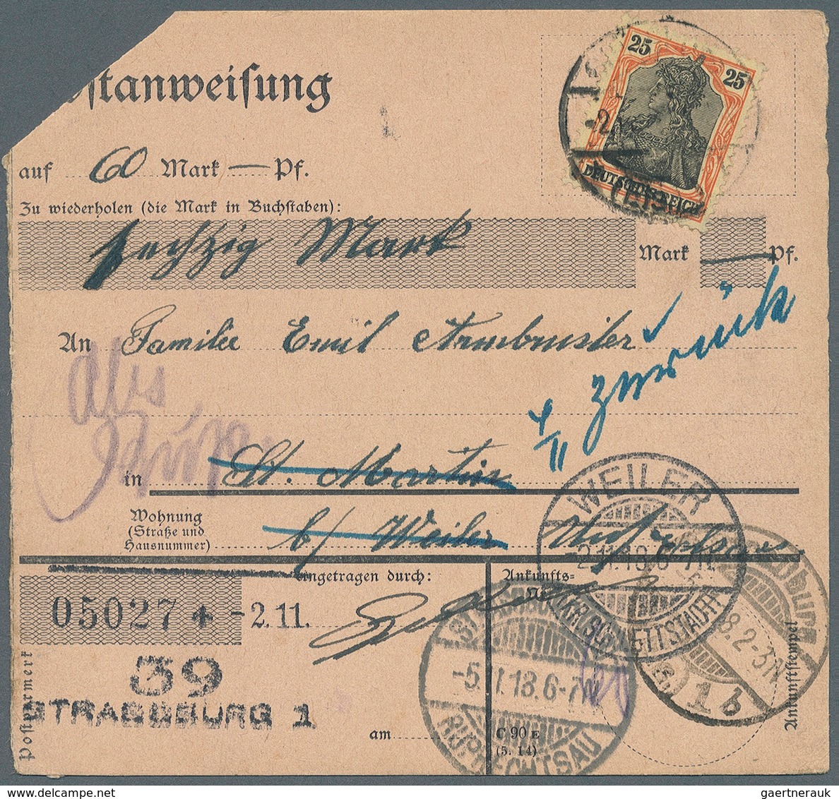 Deutsches Reich - Germania: 1918, 25 Pfg. Germania Als Portogerechte Einzelfrankatur Auf Postanweisu - Other & Unclassified