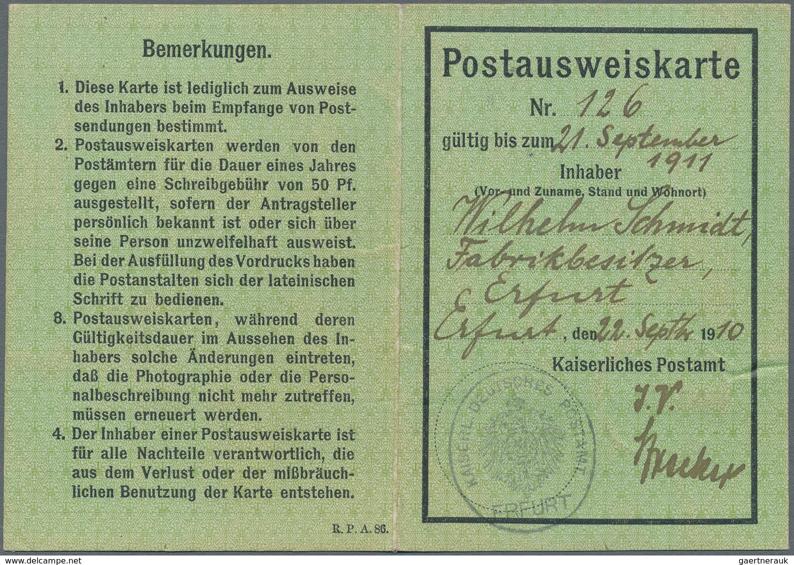 Deutsches Reich - Germania: 1910, 50 Pf Germania Entwertet Mit DBS "ERFURT" Als Gebühr Auf Sehr Selt - Other & Unclassified