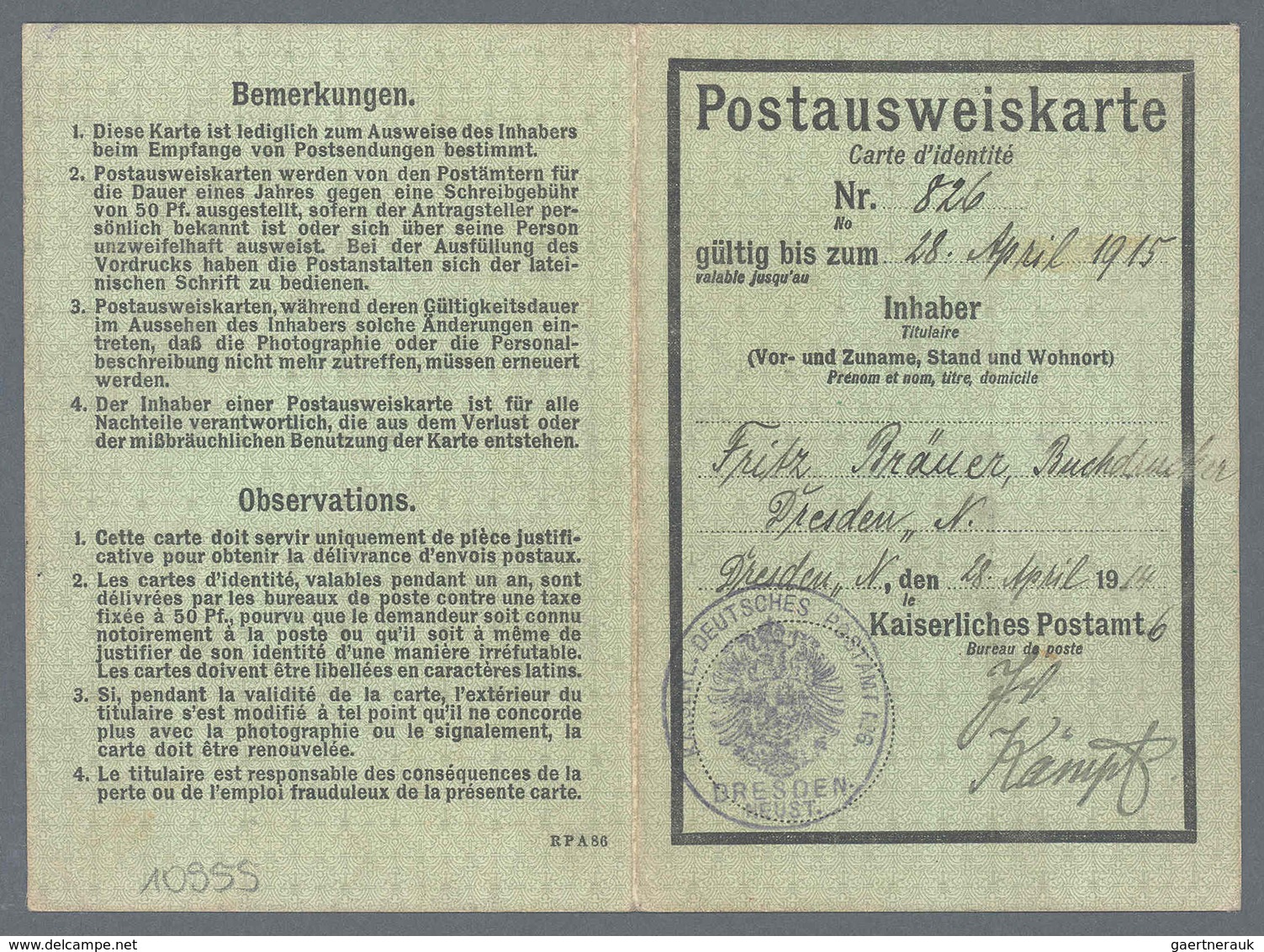 Deutsches Reich - Germania: 1914, Postausweiskarte Mit EF 50 Pf Germania, Ausgestellt „DRESDEN NEUST - Other & Unclassified