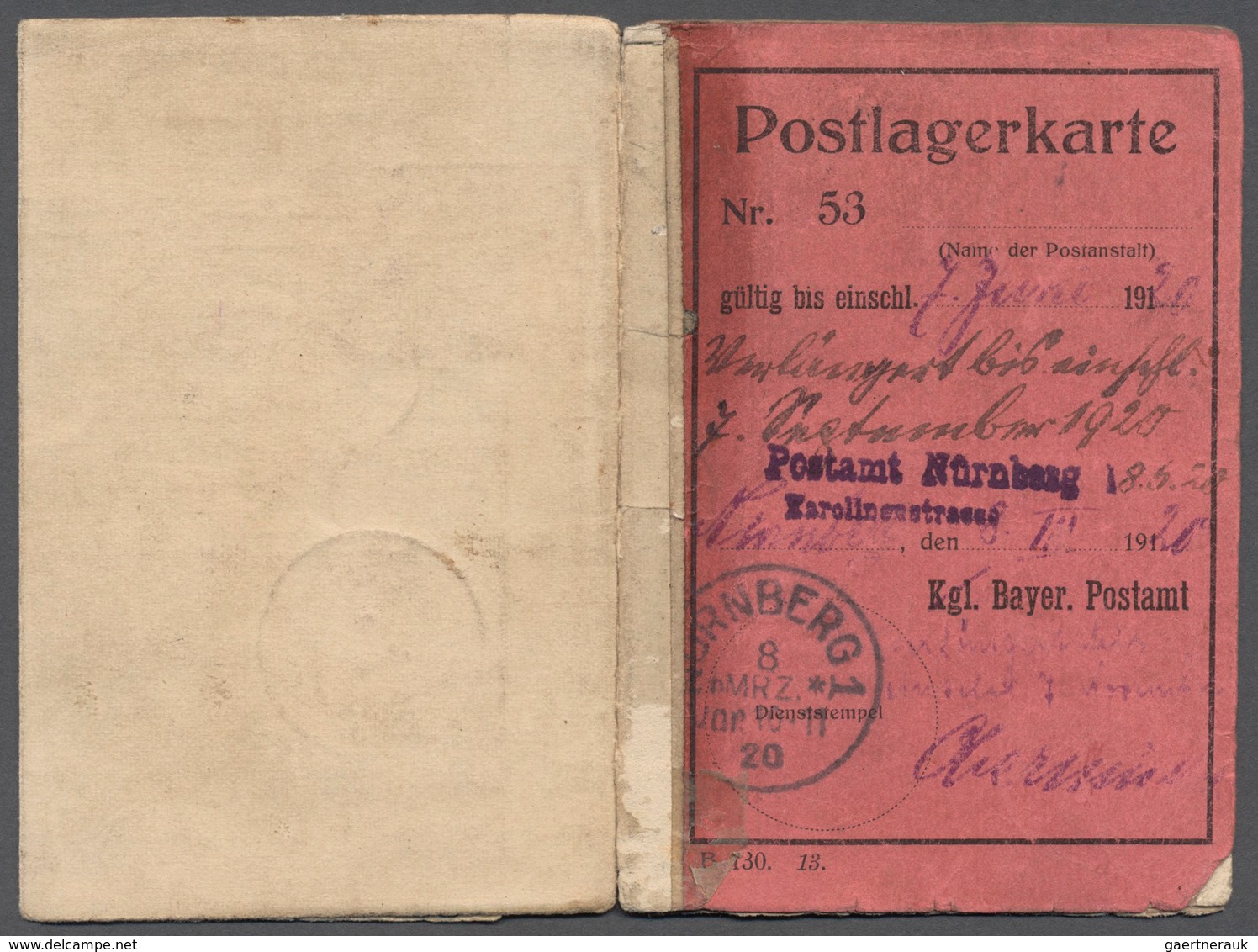 Deutsches Reich - Inflation: 1920/29, POSTLAGERKARTE, Ausgestellt Am 8.3.1920, Mit Stpl. K1 NÜRNBERG - Covers & Documents