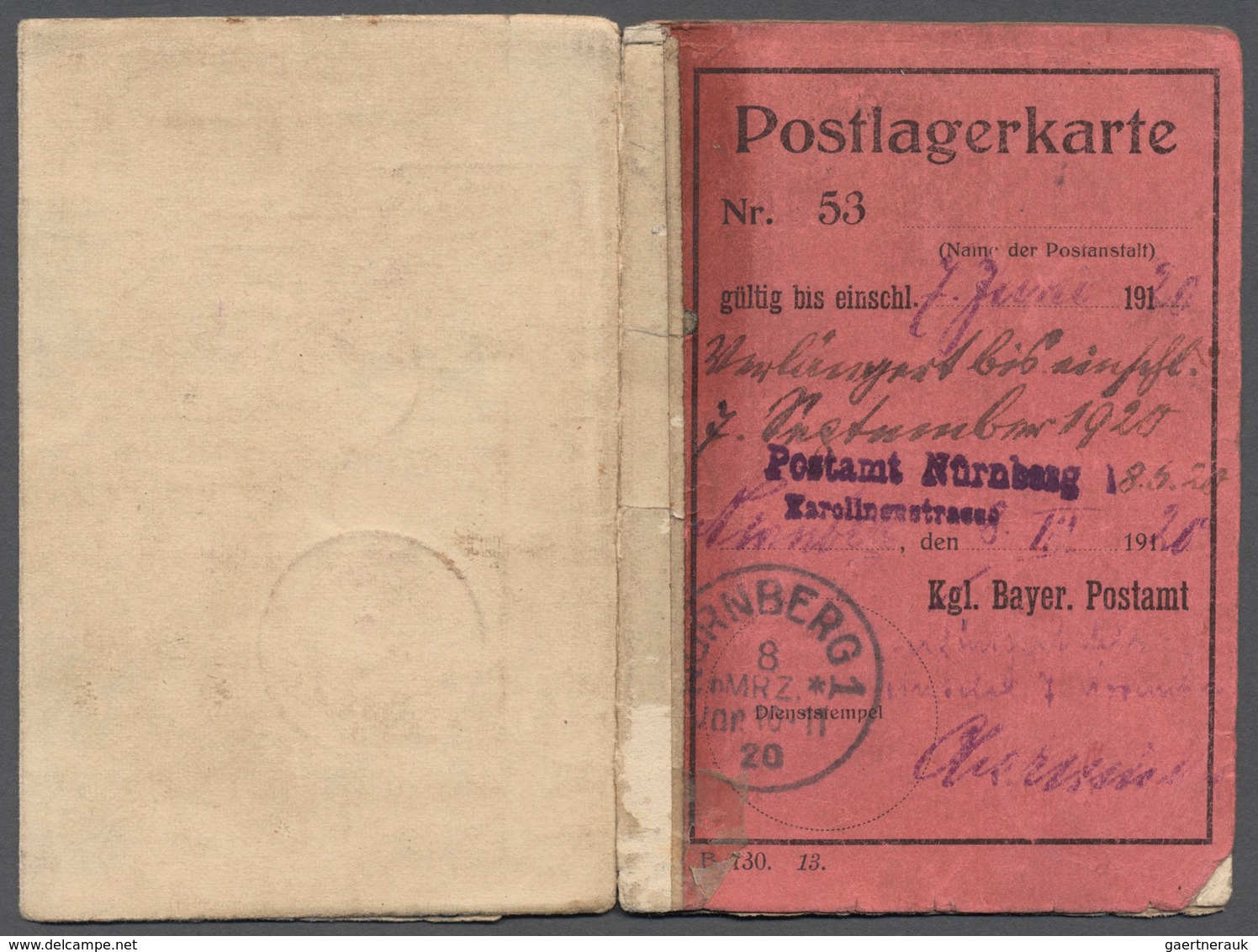 Deutsches Reich - Inflation: 1920/29, POSTLAGERKARTE, Ausgestellt Am 8.3.1920, Mit Stpl. K1 NÜRNBERG - Briefe U. Dokumente