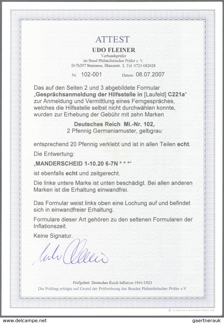 Deutsches Reich - Inflation: 1920, 2 Pf Germania (10x) Auf Formular "Gesprächsanmeldung Der Hilfsste - Briefe U. Dokumente