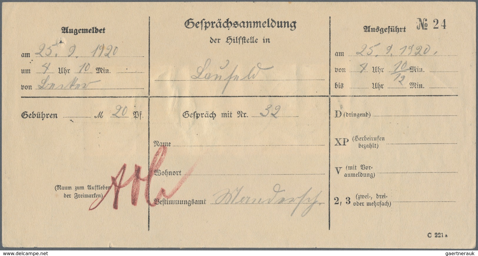Deutsches Reich - Inflation: 1920, 2 Pf Germania Grau Im Senkr. 10er-Block Rückseitig Auf "Gesprächs - Covers & Documents