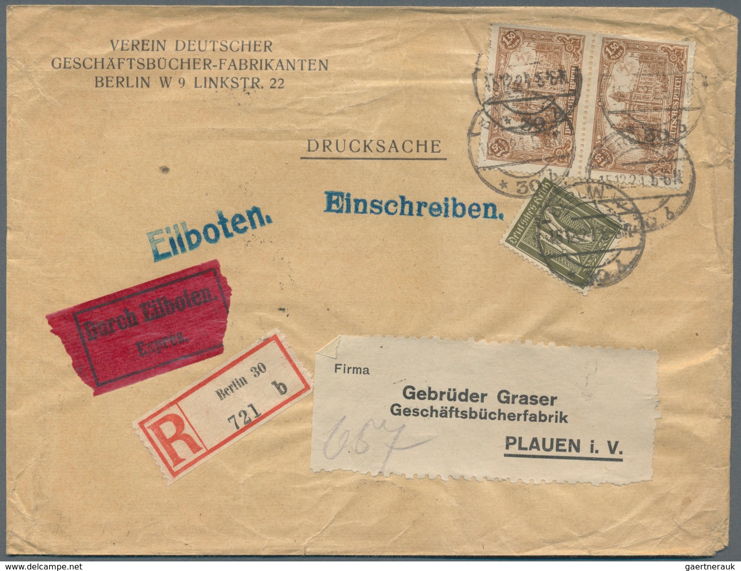 Deutsches Reich - Inflation: 1920, Paar Reichspostamt Berlin 1,50 M Braun Und Ziffern 10 Pf Mit WZ R - Lettres & Documents