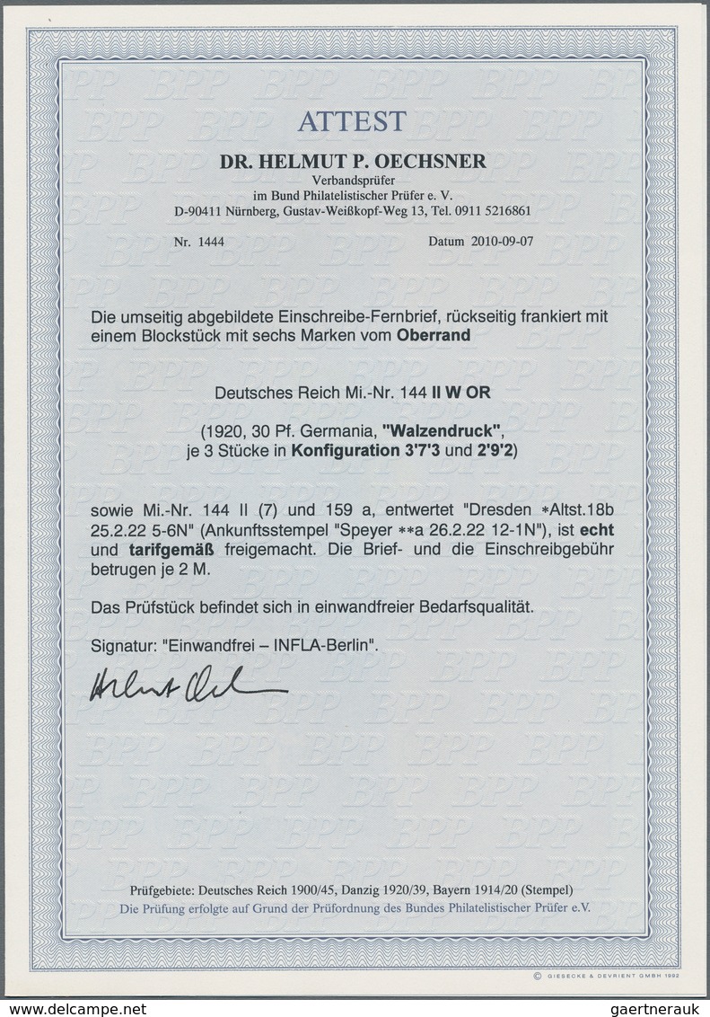 Deutsches Reich - Inflation: 1922, R-Fernbrief Von Dresden Nach Speyer Mit 12er-OR-Block Der 30 Pf G - Brieven En Documenten