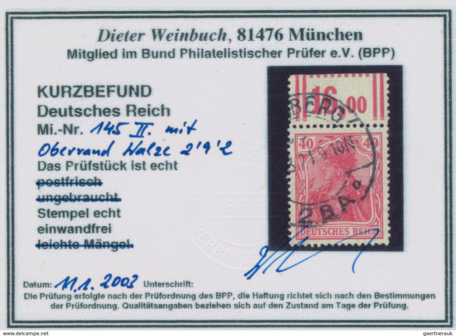Deutsches Reich - Inflation: 1921, Germania 40 Pfg. Oberrandstück Im Walzendruck 2'9'2, Gestempelt, - Lettres & Documents