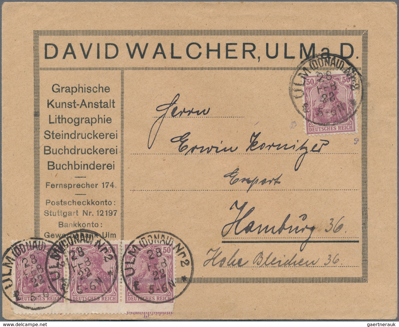 Deutsches Reich - Inflation: 1920, 50 Pf. Germania Auf Von Ulm Nach Hamburg Frankiert Mit Einem 3-er - Briefe U. Dokumente