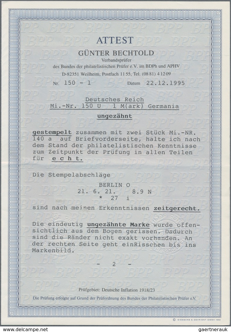 Deutsches Reich - Inflation: 1920, 1 M. Germania UNGEZÄHNT Zusammen Mit Zwei Stück MiNr. 140 A Auf B - Briefe U. Dokumente