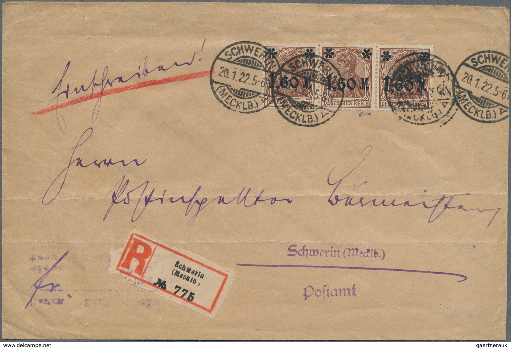 Deutsches Reich - Inflation: 1922, 1,60 Mk Auf 5 Pf Germania Im Waager. 3er-Streifen, Mittlere Marke - Covers & Documents