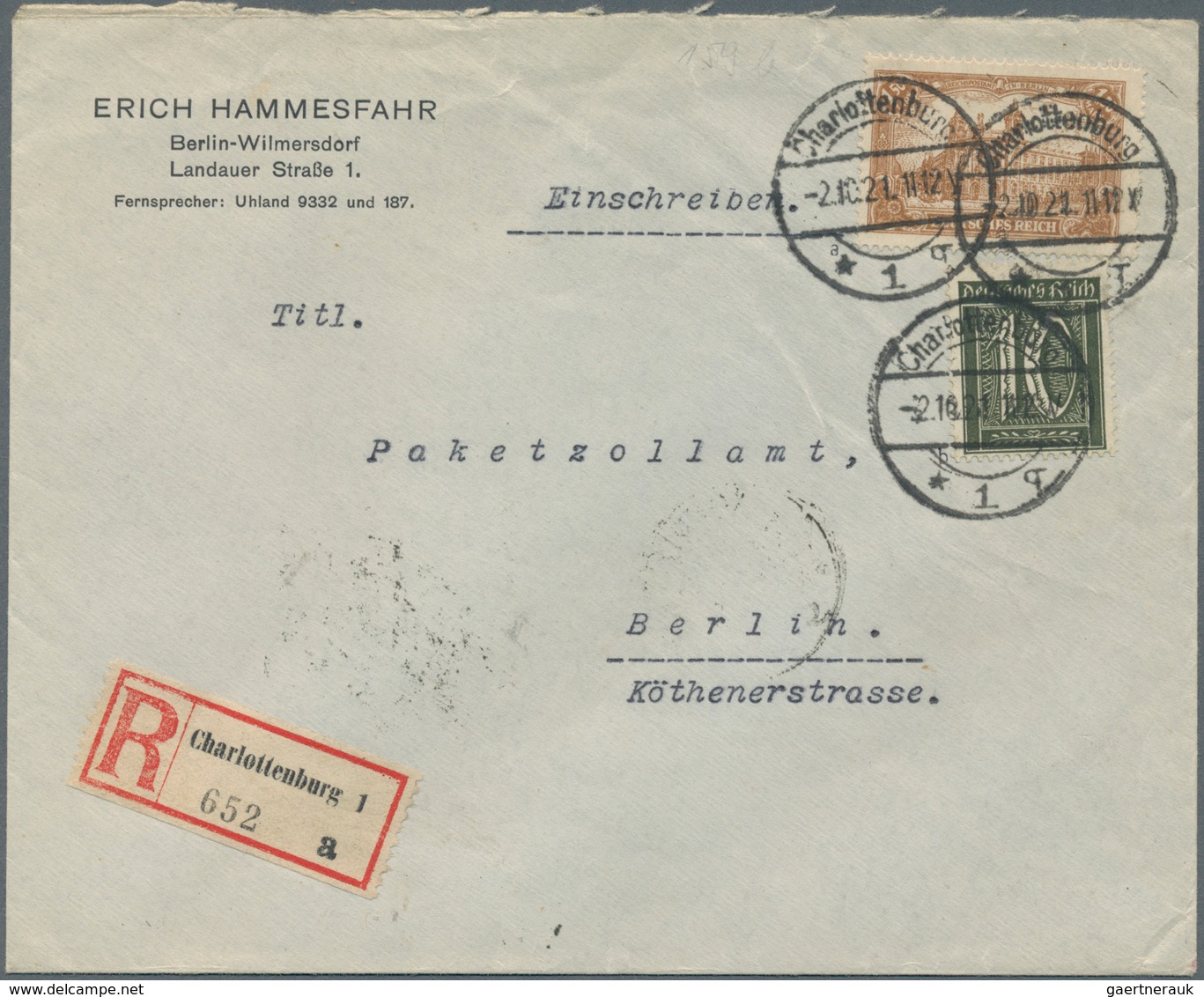 Deutsches Reich - Inflation: 1921, 10 Pf. Schwarzoliv Mit 1,50 Mk. Braunocker, Portogerecht Auf REKO - Briefe U. Dokumente