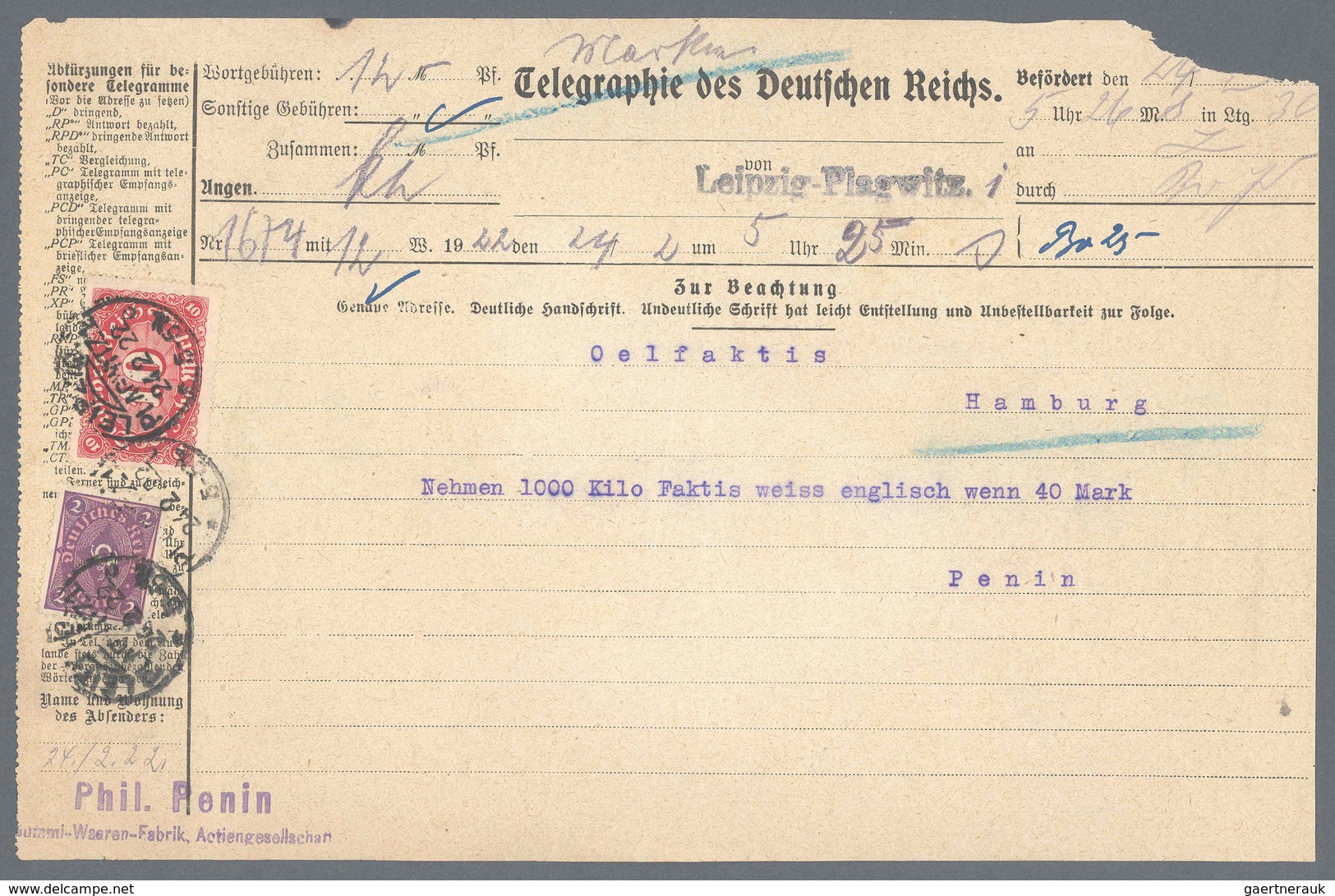 Deutsches Reich - Inflation: 1922, Telegramm Freigemacht Mit 10 M Und 2 M Ziffern, Aus Leipzig-Plagw - Covers & Documents