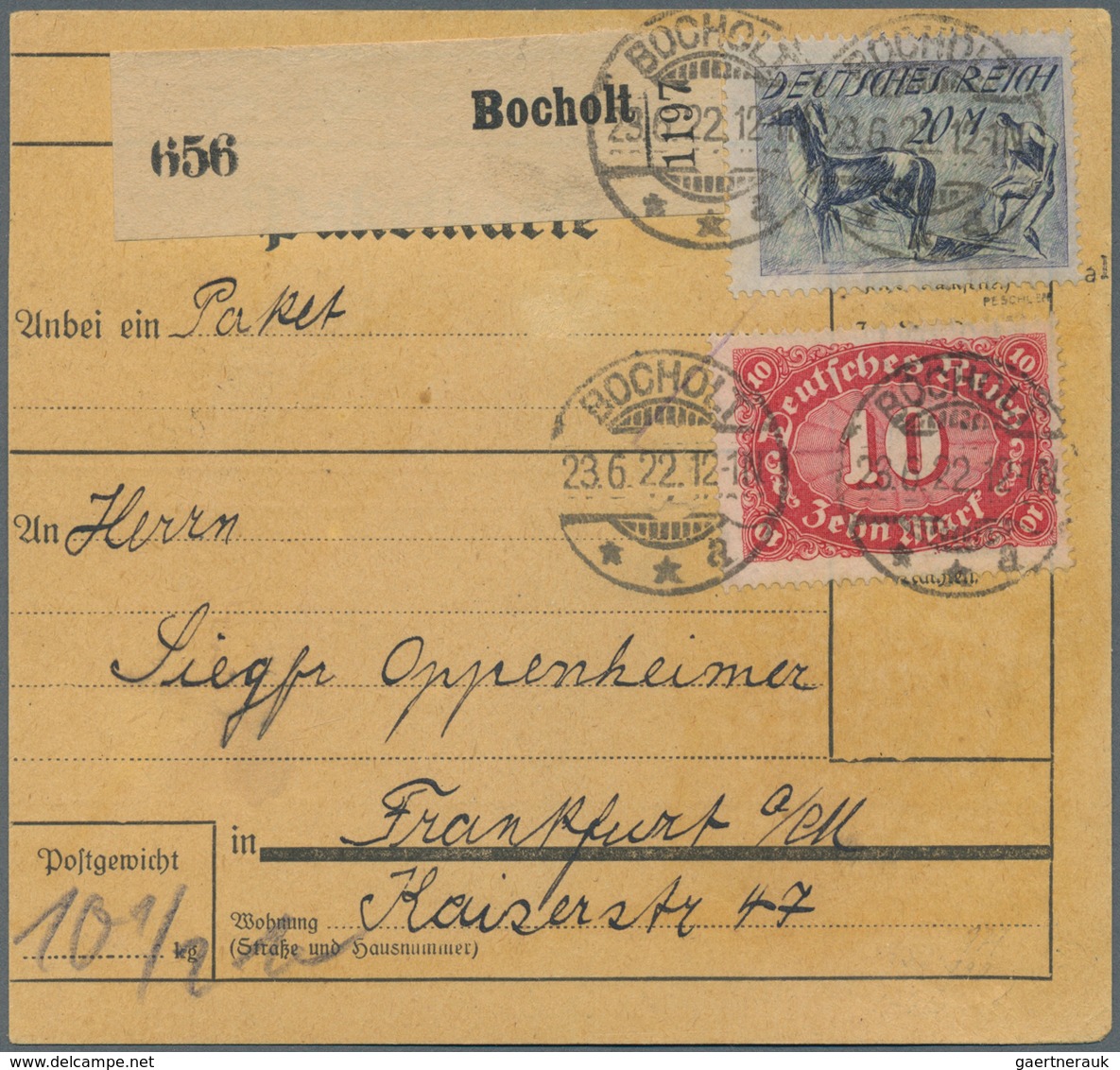 Deutsches Reich - Inflation: 1921. 20 Mk. Pflüger, KOPFSTEHENDER UNTERDRUCK, Mit 10 Mk. Karminrot, P - Lettres & Documents