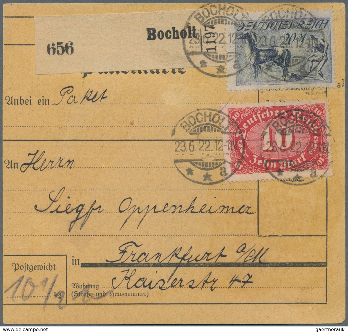 Deutsches Reich - Inflation: 1921. 20 Mk. Pflüger, KOPFSTEHENDER UNTERDRUCK, Mit 10 Mk. Karminrot, P - Briefe U. Dokumente