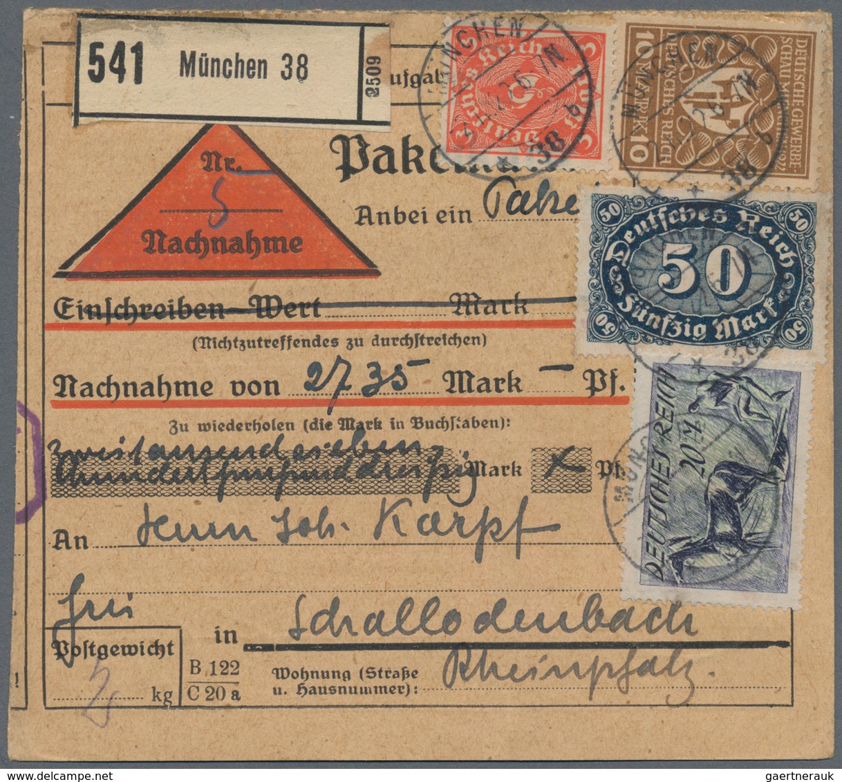 Deutsches Reich - Inflation: 1921, 20 M Pflüger Mit KOPFSTEHENDEM Unterdruck, Zusammen Mit 3 M Orang - Covers & Documents