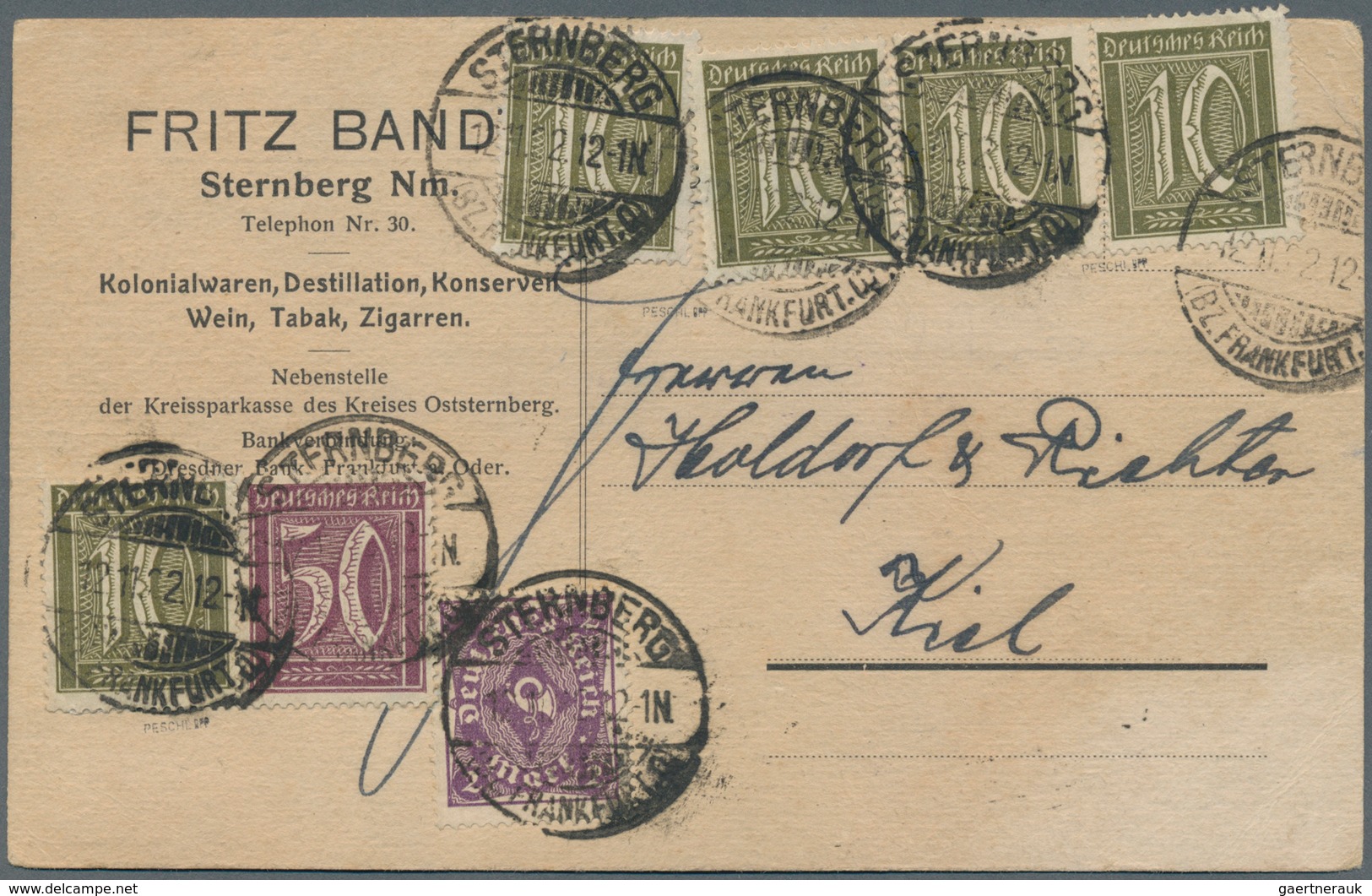 Deutsches Reich - Inflation: 1922. 5x10 PFg. Wz. 2 Und Beifr. A. Bed.-Karte 12.11. Gepr. Peschl, Mar - Brieven En Documenten