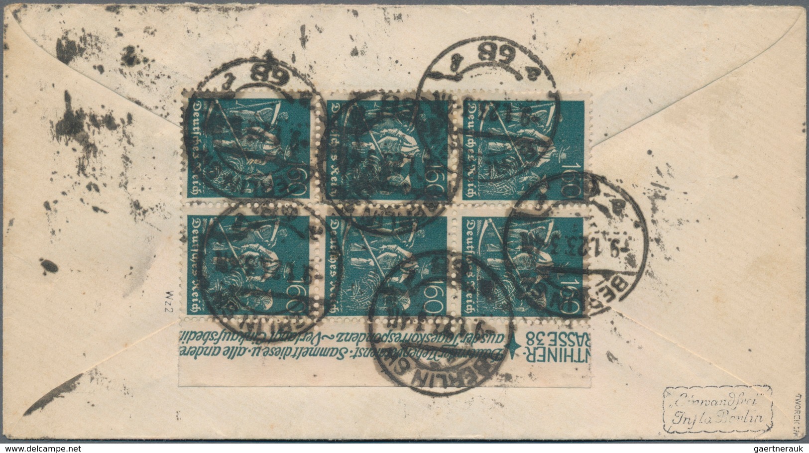 Deutsches Reich - Inflation: 1922, 160 Pf Pflüger, Wz.2, 6er-Block Vom Rechten Bogenrand Mit Reklame - Brieven En Documenten