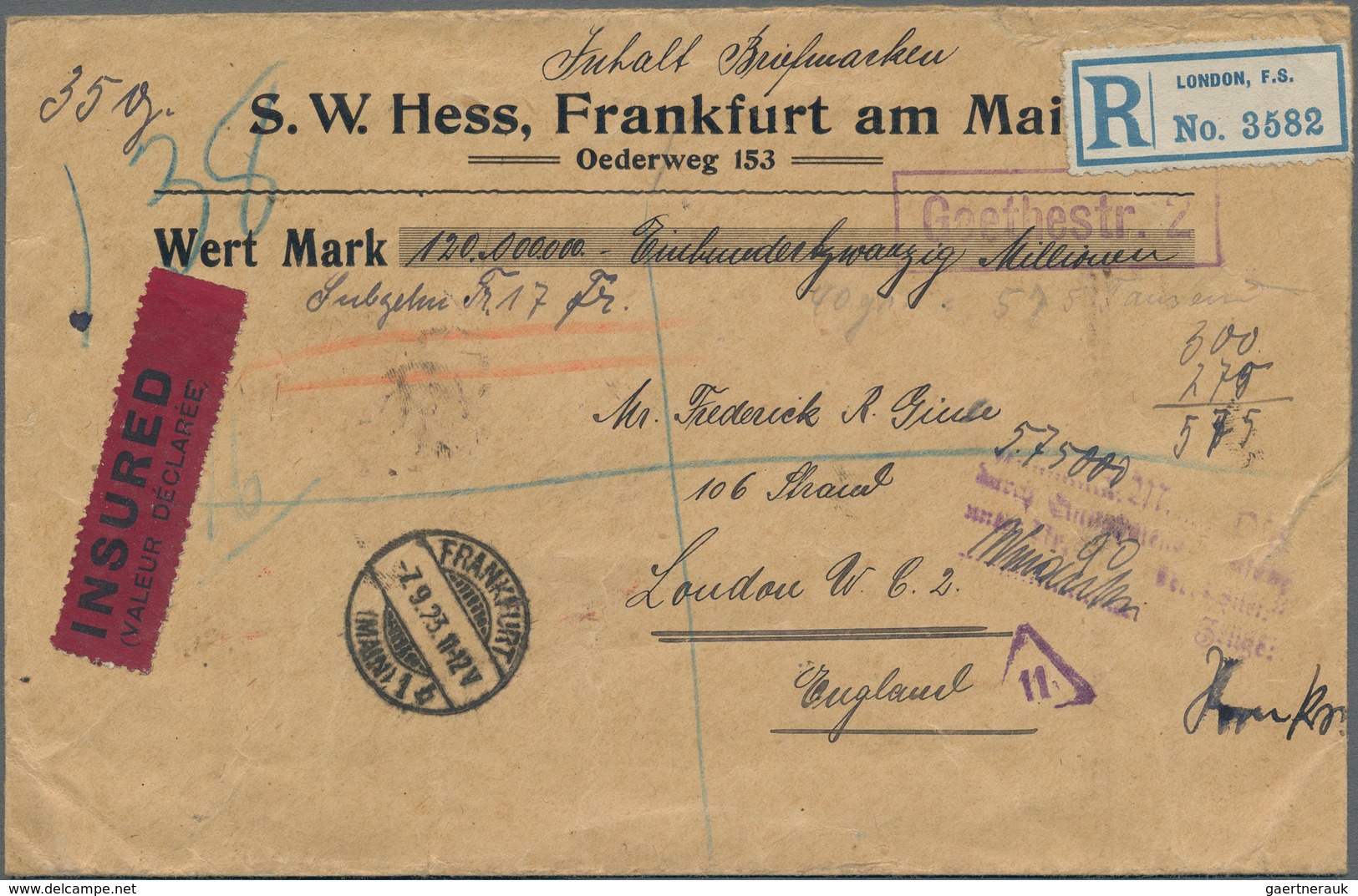 Deutsches Reich - Inflation: 1923, Wertbrief über 120 Mio. Von Frankfurt/Main Nach London Mit Einnah - Lettres & Documents