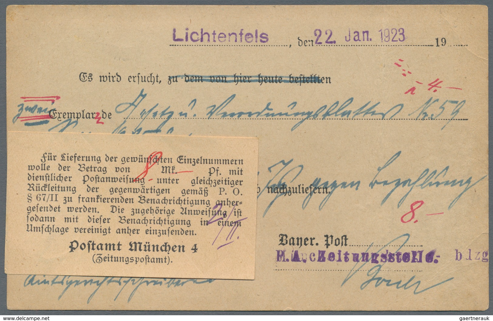 Deutsches Reich - Inflation: 1923, 5 Und 20 Mk. Auf Zeitungssache 22.1.23 Mit Rs. Selt. Aufkleber "F - Lettres & Documents