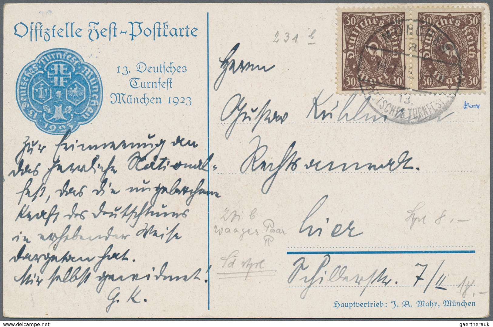 Deutsches Reich - Inflation: 1923, 30 Pfg Posthörnchen Braun Im Waager. Paar Auf Festpostkarte "13. - Covers & Documents