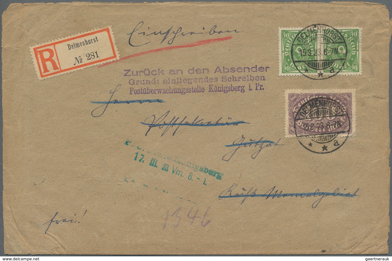 Deutsches Reich - Inflation: 1923, 2x 40 Und 100 Mk. A. R-Brief Von Delmenhorst Ins Memelgebiet, Abg - Covers & Documents