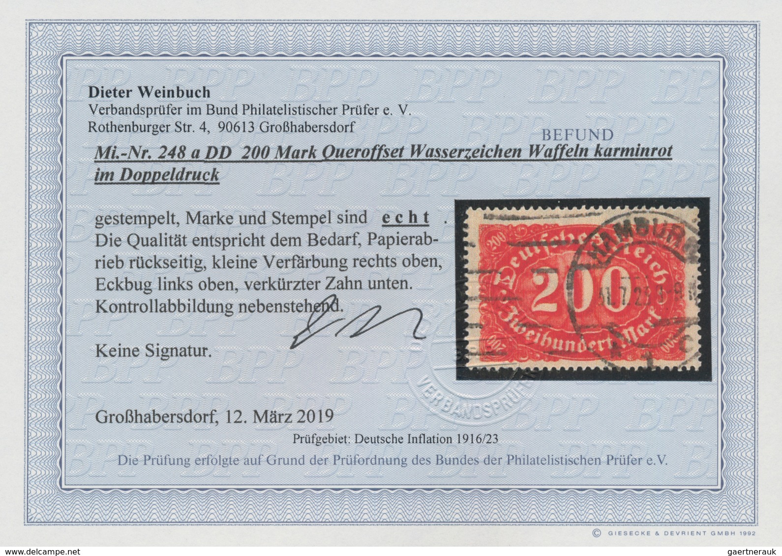 Deutsches Reich - Inflation: 1922, 200 M. Karminrot, Wz.2 (Waffeln), Abart "KOMPLETTER DOPPELDRUCK", - Lettres & Documents