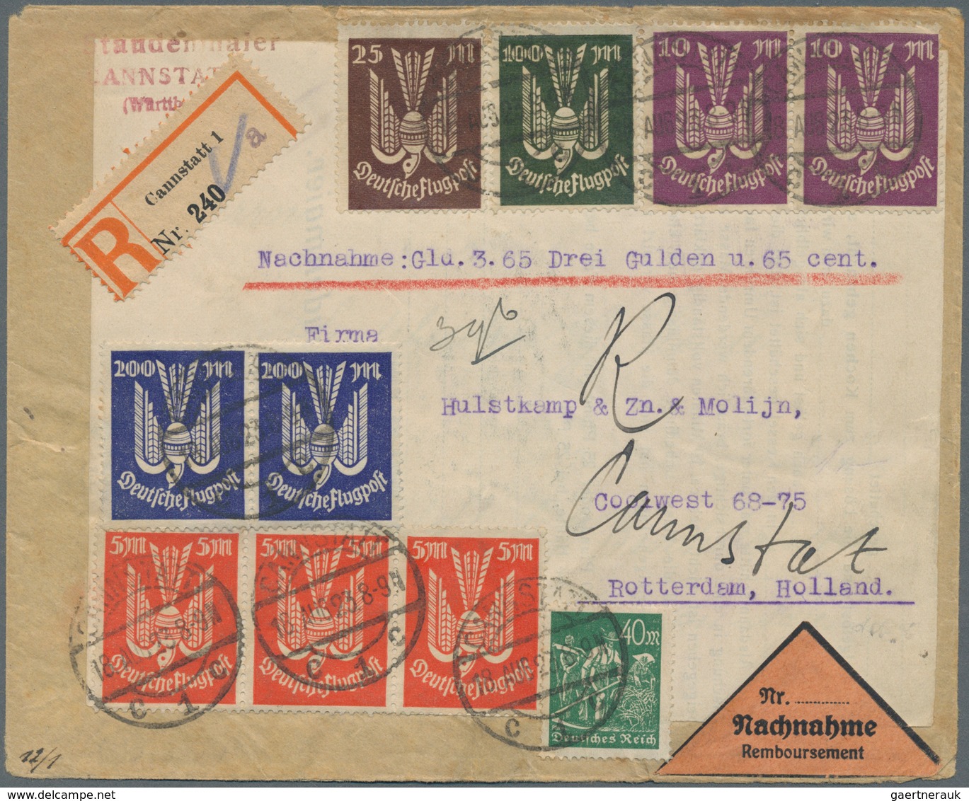 Deutsches Reich - Inflation: 18.8.1923, R-Nachnahme-Brief Mit Dekorativer Buntfrankatur Von 12 Werte - Brieven En Documenten
