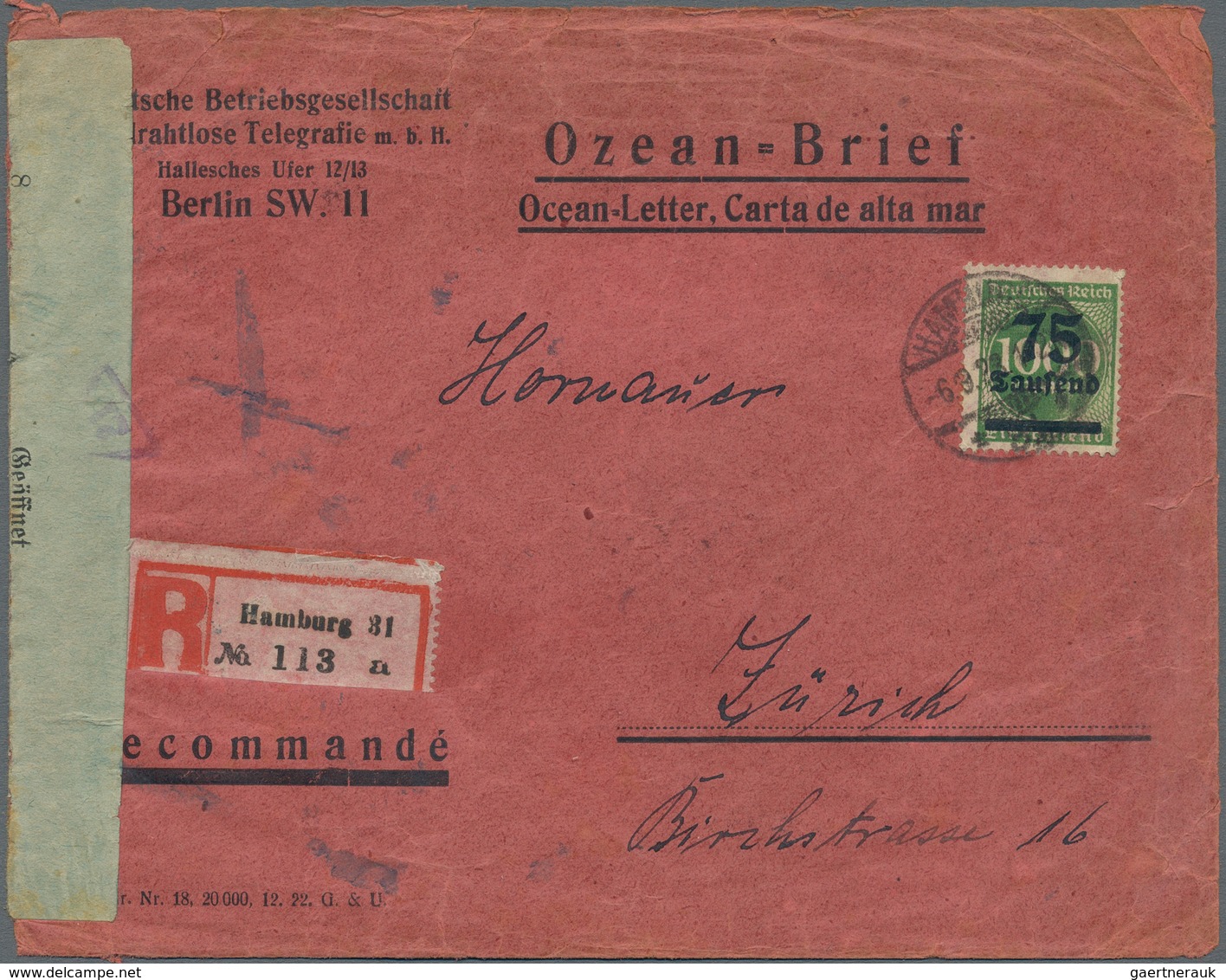 Deutsches Reich - Inflation: 1923, OZEAN-BRIEF, 10 X 20 Tsd A. 12 M U. 75 Tsd A. 1000 M, Portogerech - Brieven En Documenten