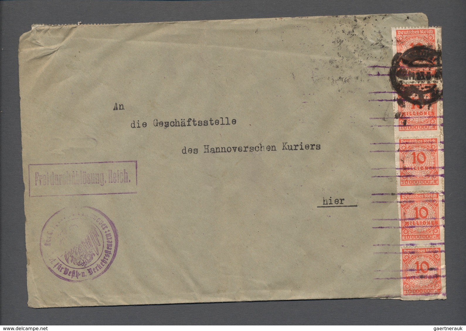 Deutsches Reich - Inflation: 1923, 10 Mio. Rosettemuster Durchstochen Im 50er Bogenteil, Dabei 2x Pl - Covers & Documents