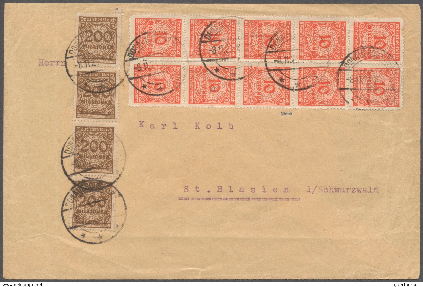 Deutsches Reich - Inflation: 1923, Brief Mit Vs. 10er-Block 10 Mio. Mark (Durchstich) Und 4er-Streif - Covers & Documents