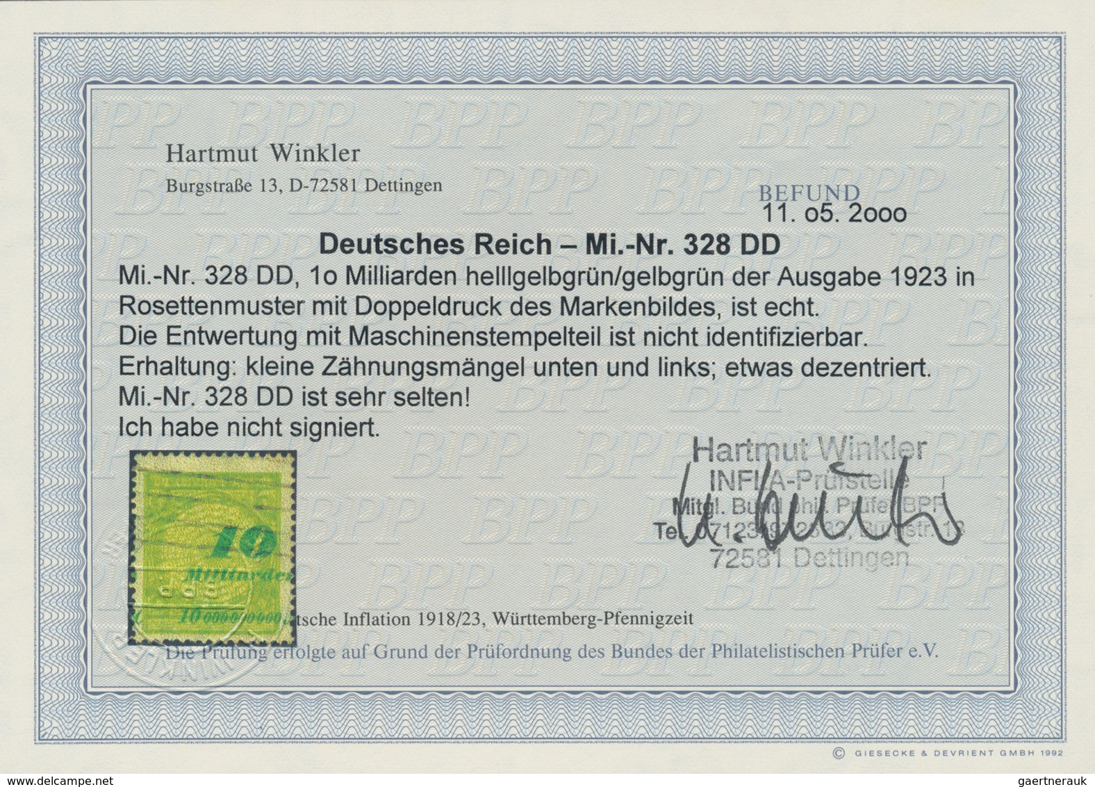 Deutsches Reich - Inflation: 1923, 10 Mrd. Mark Schwärzlichgrüngelb/olivgrün Mit DOPPELDRUCK Des Mar - Covers & Documents