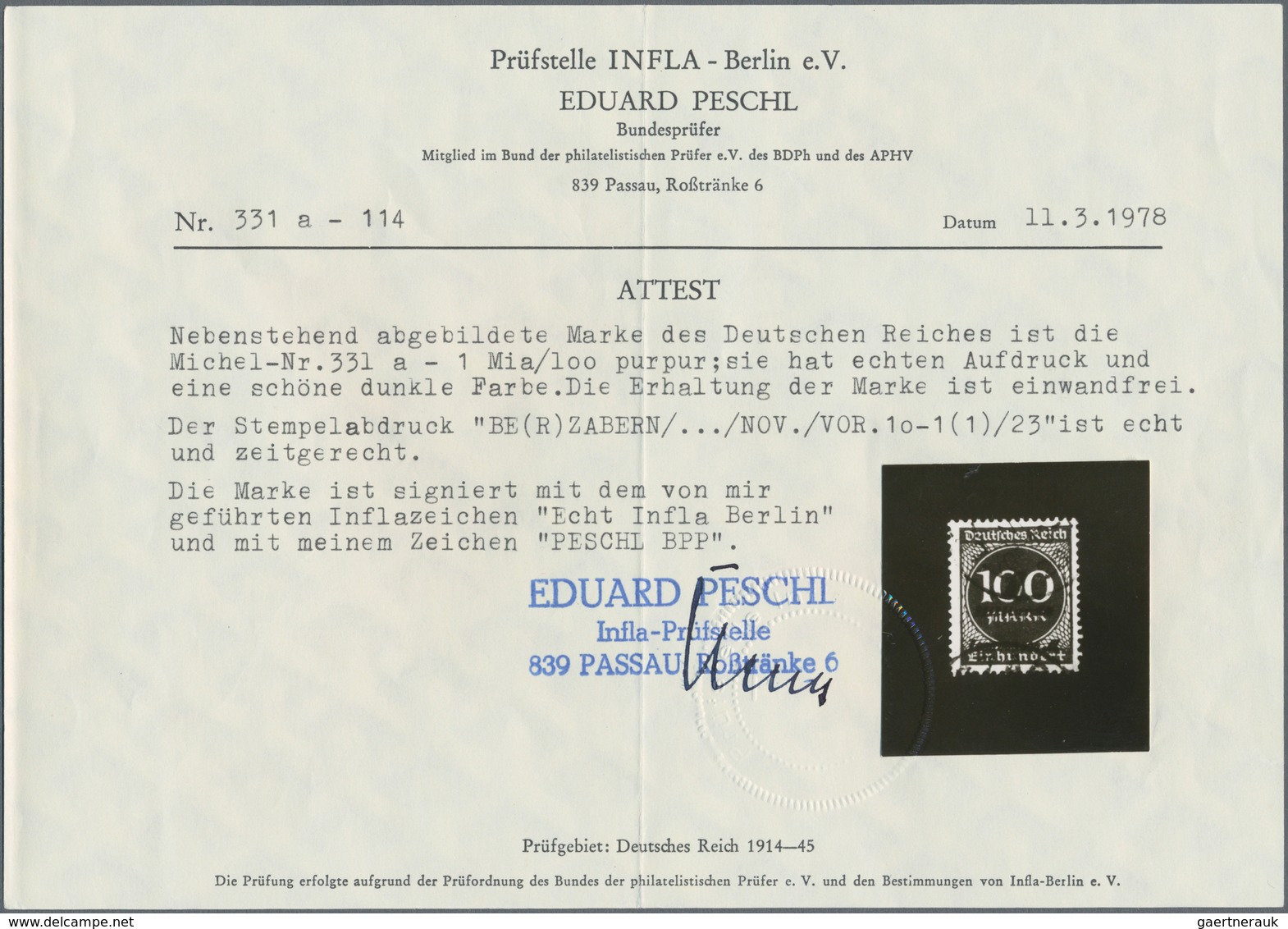 Deutsches Reich - Inflation: 1923, 1 Milliarde Auf 100 Mark Violettpurpur, Farbfrisches Und Bestens - Lettres & Documents