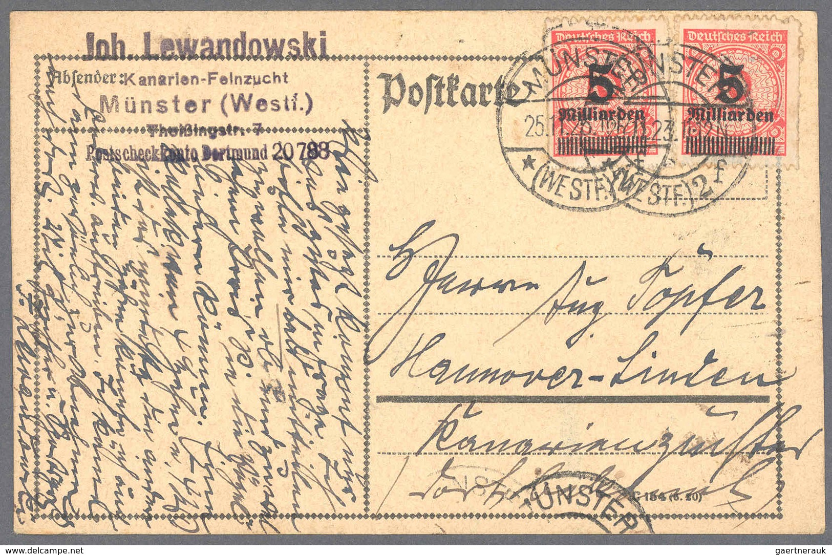 Deutsches Reich - Inflation: 1923, Postkarte Mit 2x 5 Mia. Mk Auf 10 Mio. Korbdeckel Durchstochen (L - Brieven En Documenten