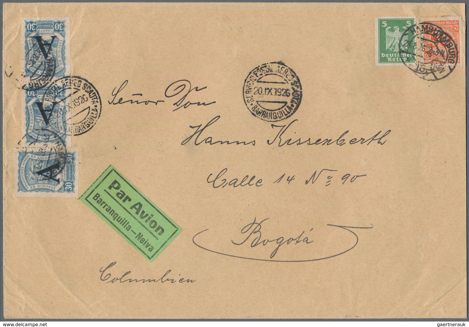 Deutsches Reich - Weimar: 1926, Bedarfsbrief Aus HAMBURG Nach Bogota Mit 5 Und 50 Pfg. Korbdeckel So - Sonstige & Ohne Zuordnung