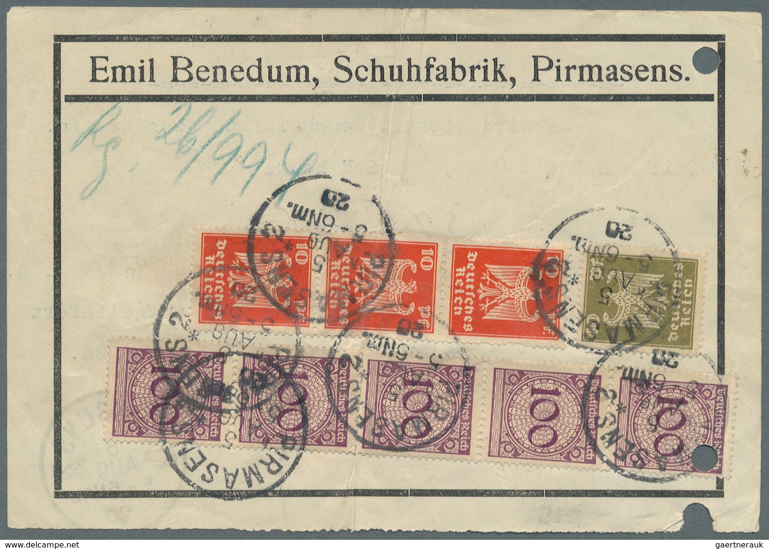 Deutsches Reich - Weimar: 1923, 100 Pfg. Rentenpfennig Im Senkrechten 5er-Streifen, 10 Pfg. (3) Und - Sonstige & Ohne Zuordnung