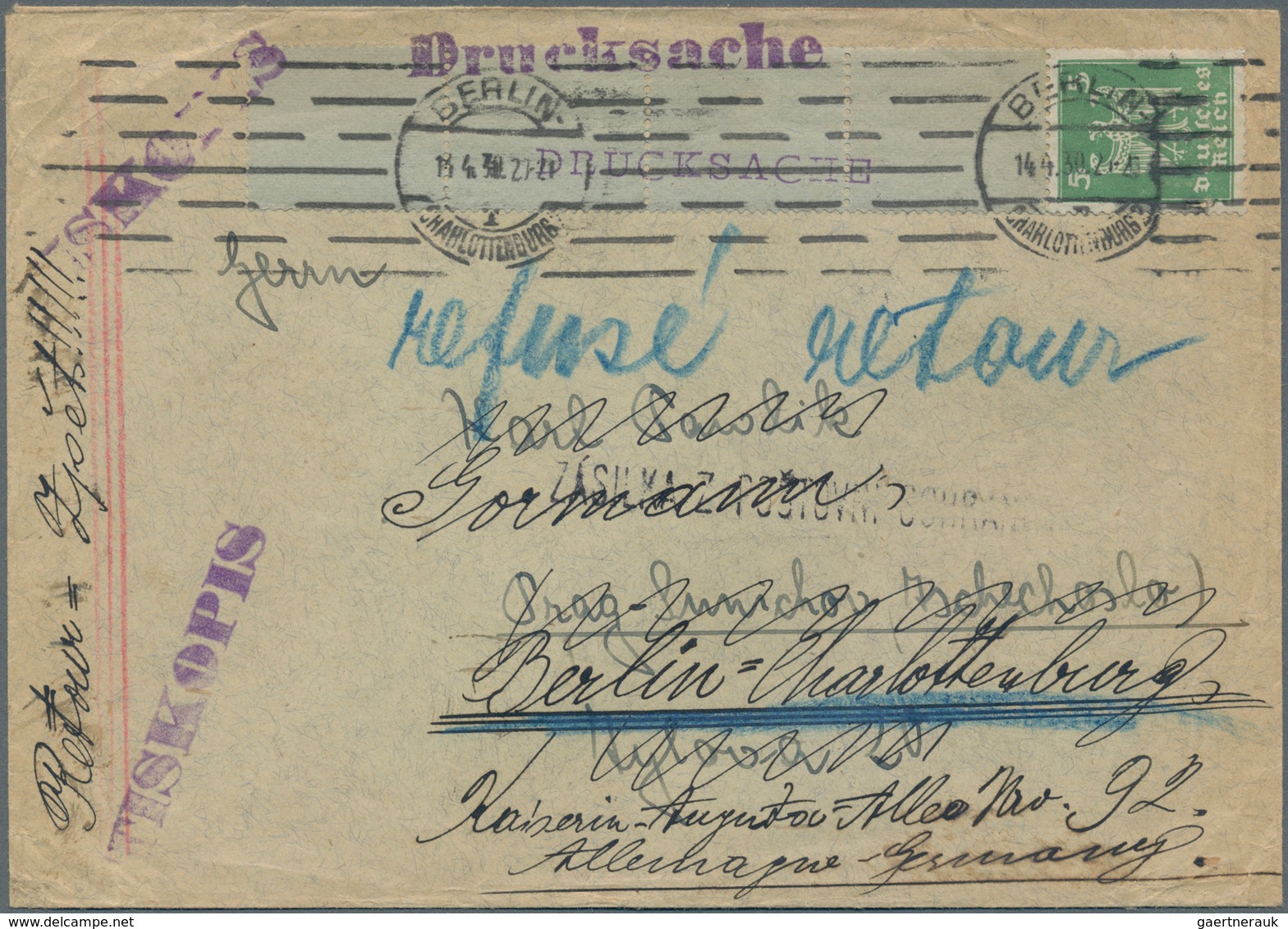 Deutsches Reich - Weimar: 14.4.1930, 5 Pfg. "Neuer Reichsadler" Als Rechtes Rollenende Mit 4 Leerfel - Sonstige & Ohne Zuordnung