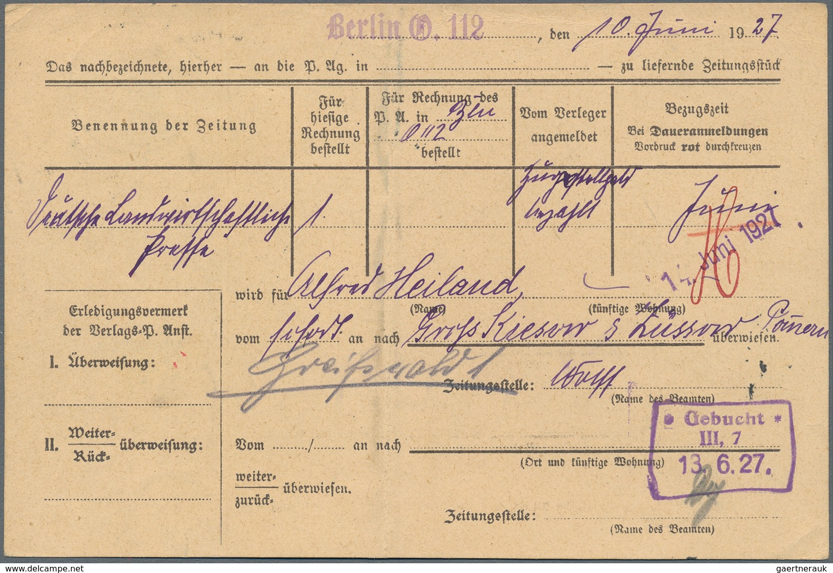 Deutsches Reich - Weimar: 1927, 50 Pf Reichsadler EF Auf ZEITUNGSÜBERWEISUNG Für Bestellte Stücke Au - Other & Unclassified