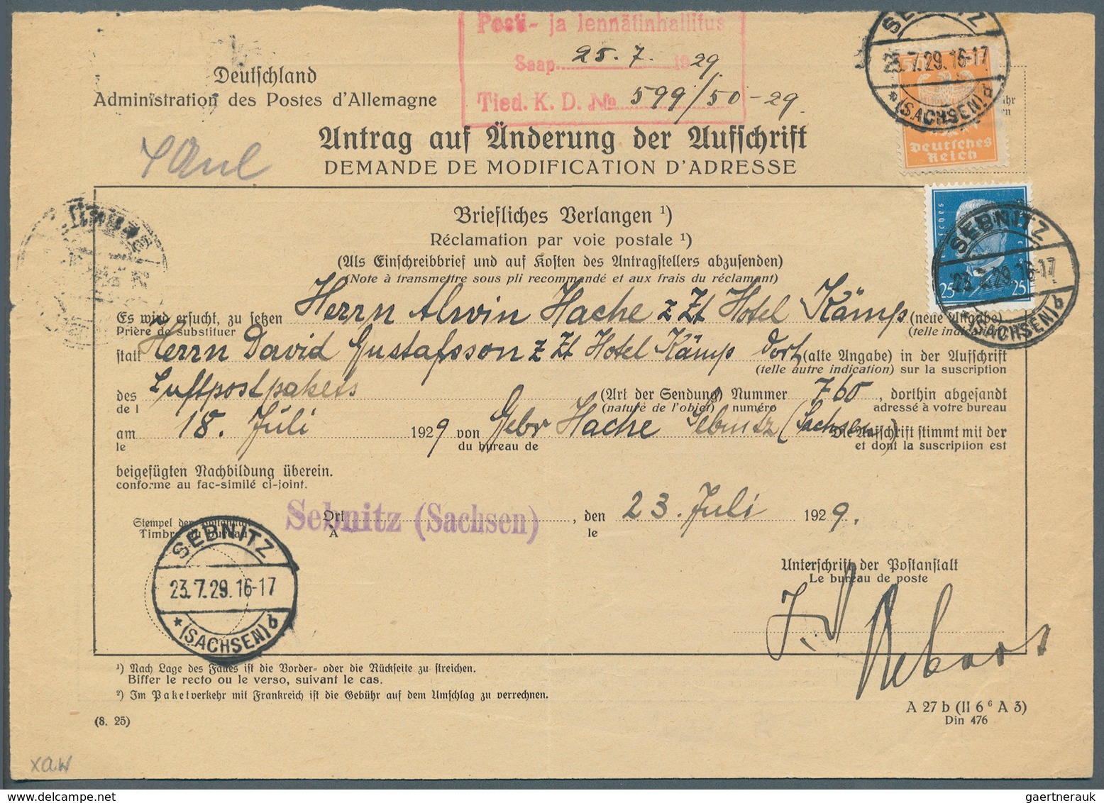 Deutsches Reich - Weimar: 1929, 25 Pf Hindenburg U. 50 Pf Reichsadler, MiF Aus Sebnitz, 23.7.29, Auf - Autres & Non Classés
