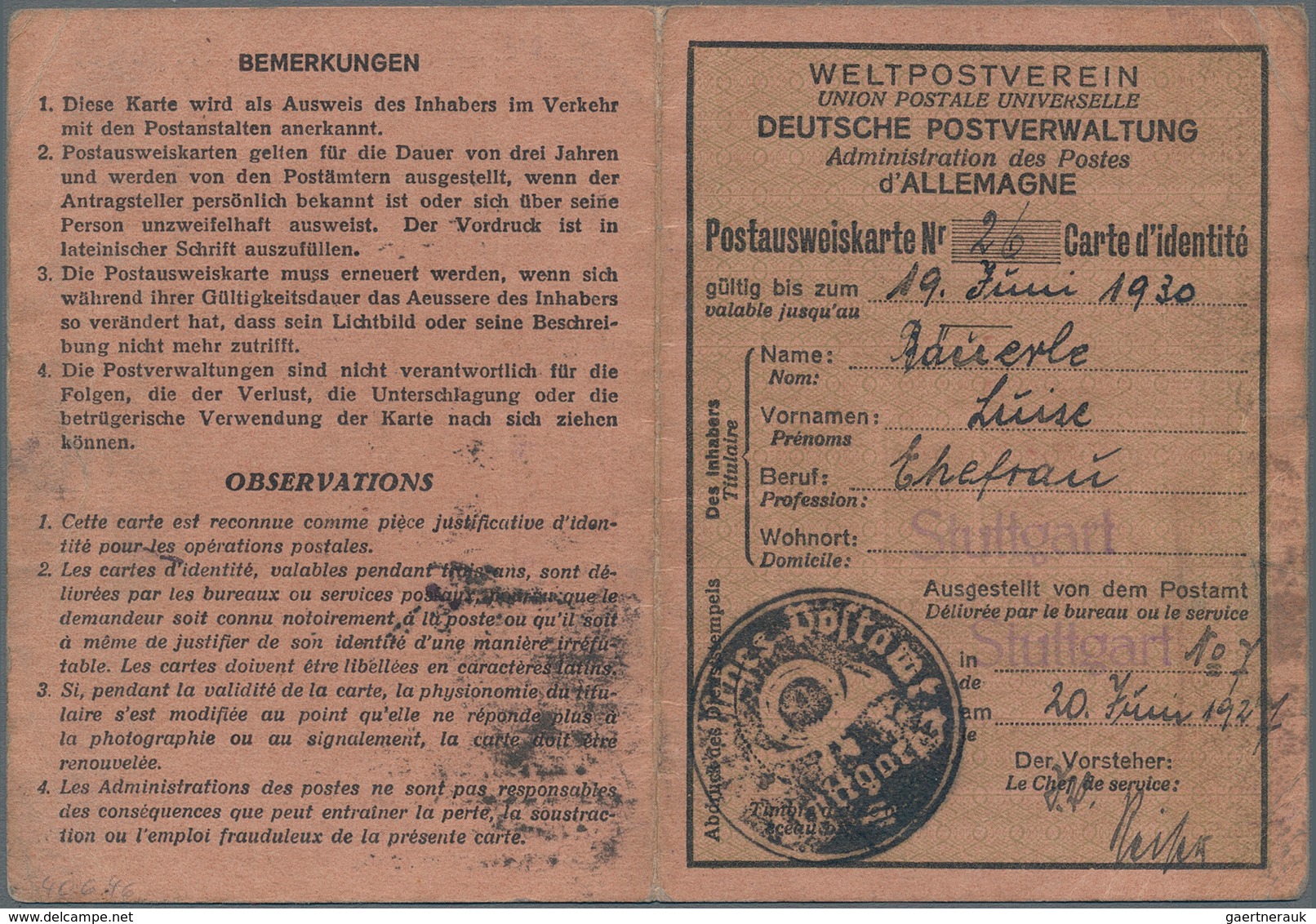 Deutsches Reich - Weimar: 1927, 50 Pf Reichsadler Entwertet Mit K1 STUTTGART Als Gebühr Auf "UPU-POS - Autres & Non Classés