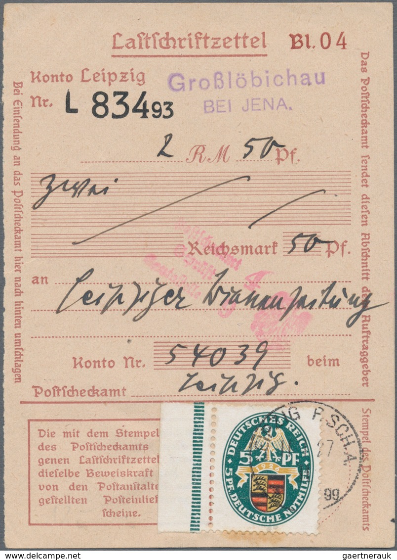 Deutsches Reich - Weimar: 1927, 5 Pf Nothilfe Wappen, Li. Randstück, Einzelfrankatur Auf Postschecka - Sonstige & Ohne Zuordnung