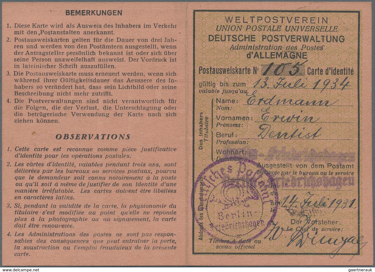 Deutsches Reich - Weimar: 1931, 50 Pf Hindenburg Entwertet Mit DBS "BERLIN-FRIEDRICHSHAGEN" Als Gebü - Other & Unclassified