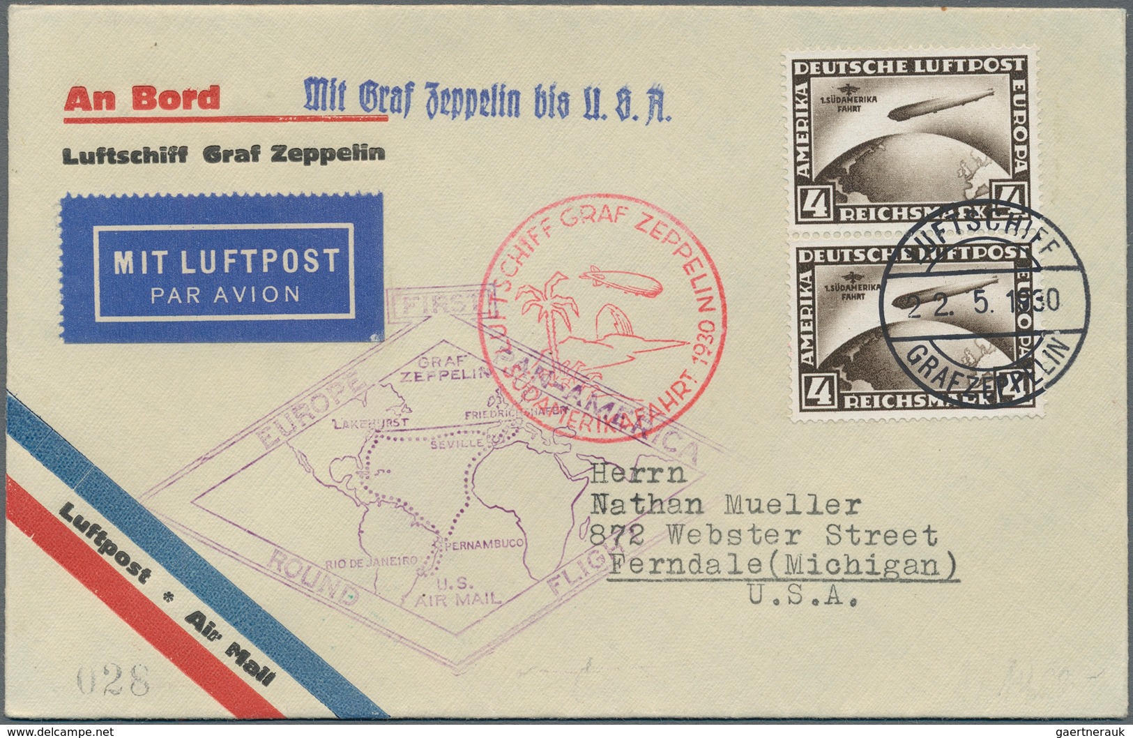 Deutsches Reich - Weimar: 1930, 4 RM ZEPPELIN SA-Fahrt Im Senkr. Paar Auf Zeppelin-Brief Mit Bordste - Autres & Non Classés