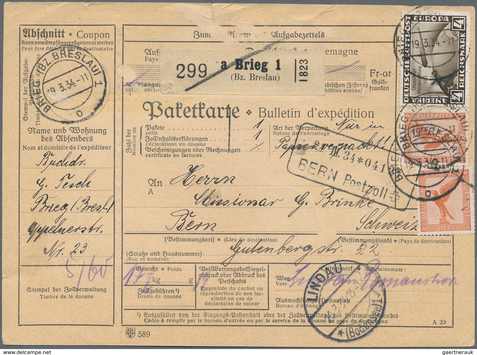 Deutsches Reich - 3. Reich: 1934, 4 RM ZEPPELIN-Chicagofahrt In MiF Vorder- U. Rückseitigauf Paketka - Briefe U. Dokumente