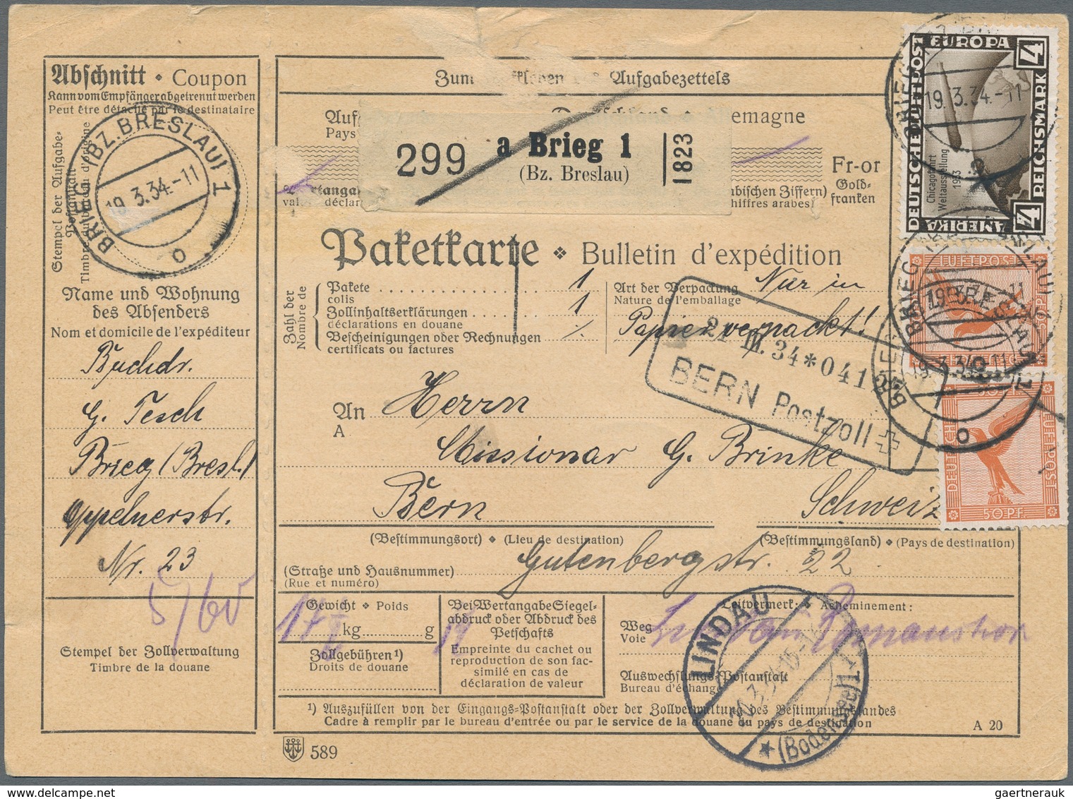 Deutsches Reich - 3. Reich: 1934, 4 RM ZEPPELIN-Chicagofahrt In MiF Vorder- U. Rückseitigauf Paketka - Brieven En Documenten