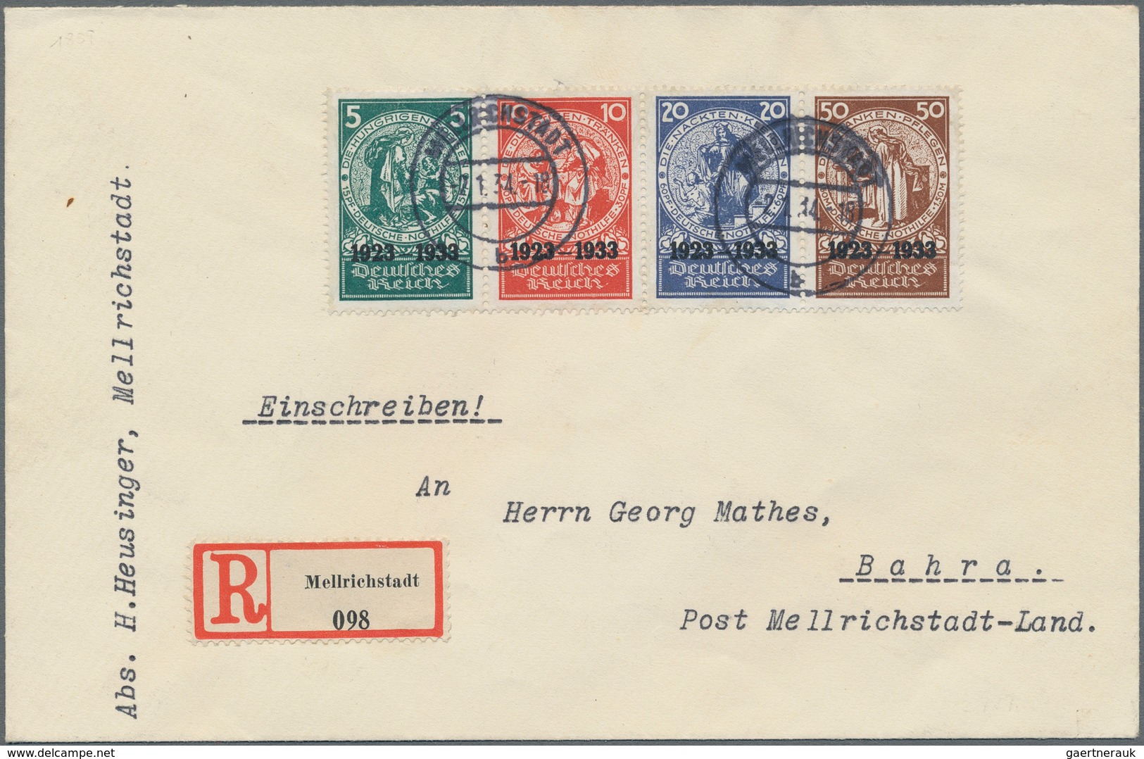 Deutsches Reich - 3. Reich: 1933, Herzstück Aus Block 2 Nothilfe Gestempelt MELLRICHSTADT Auf R-Brie - Lettres & Documents