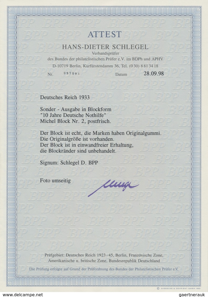 Deutsches Reich - 3. Reich: 1933. Nothilfeblock. Schneeweißer Luxusblock, Spitze Ecken, Postfrisch. - Lettres & Documents