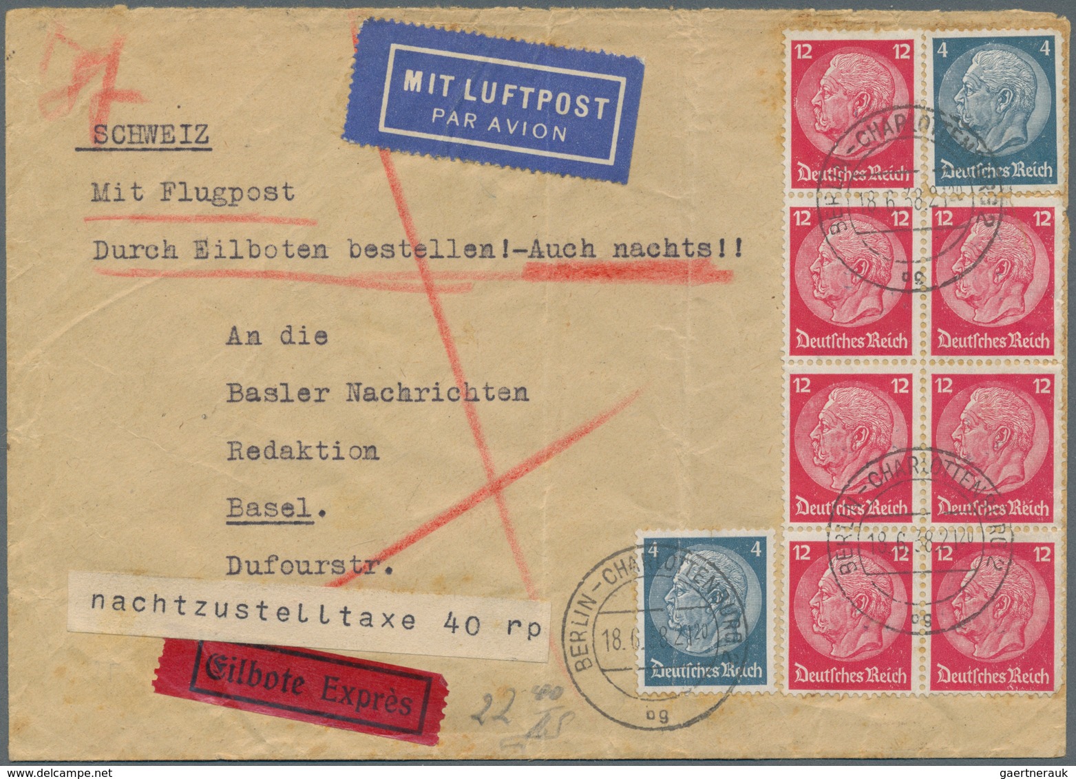 Deutsches Reich - 3. Reich: 1938, 7x 12 Pfg. Und 2x 4 Pfg. Hindenburg Auf Eilboten-Luftpost-Brief Vo - Briefe U. Dokumente